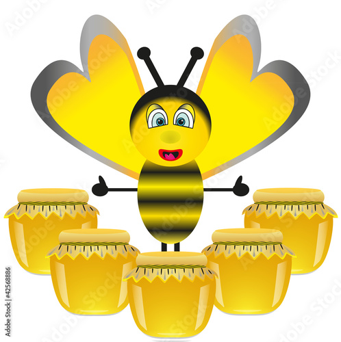 Cheerful bee and jars with honey
