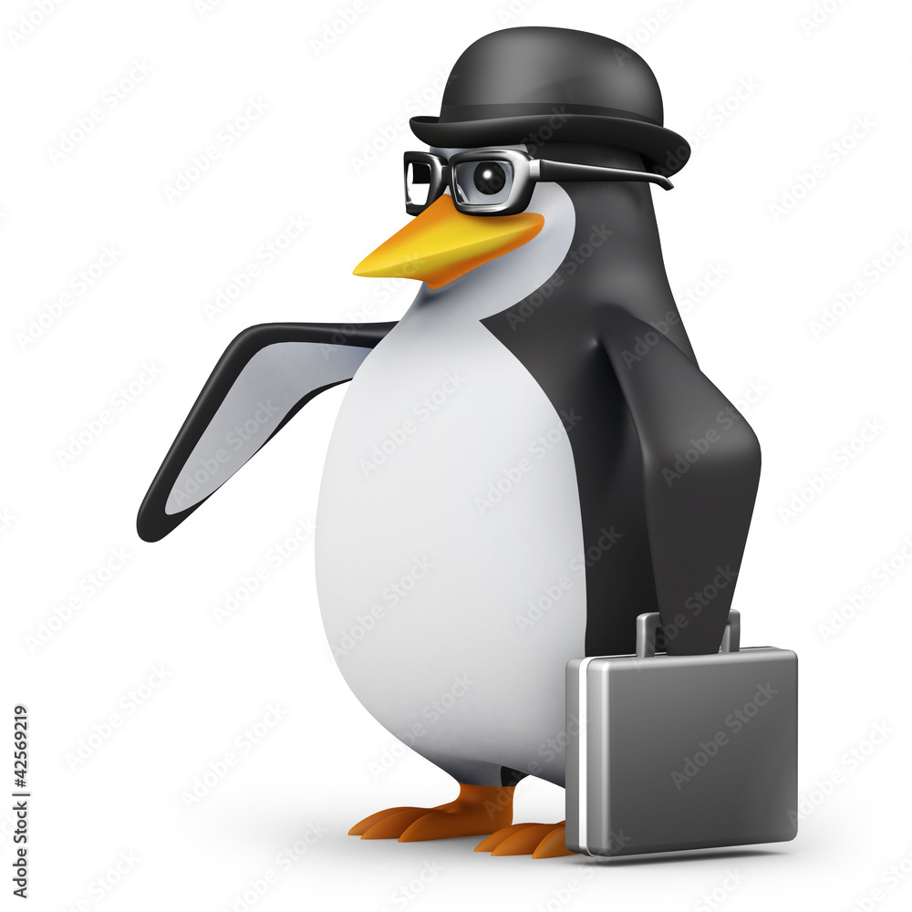 Obraz premium 3d Penguin in glasses with briefcase and bowler