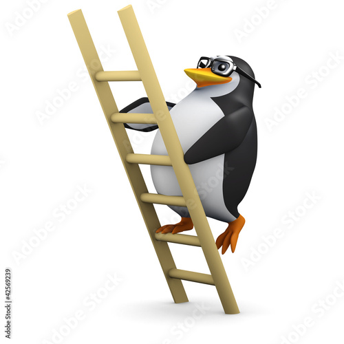 3d Penguin in glasses climbs ladder photo