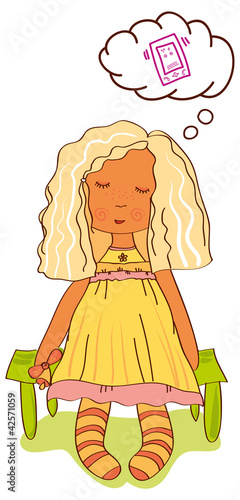 girl sitting on a bench and dreams of a new phone