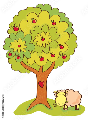 apple tree  under which there is a  sheep
