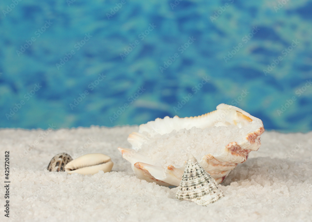 Sea salt with seashells on a background of water close-up Sea salt with seashells on a background of water close-up