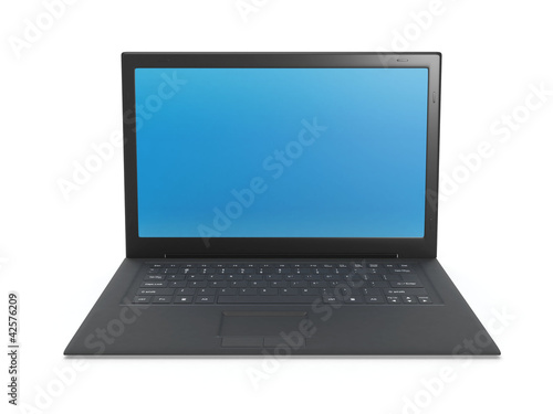 3d illustration: Laptop black, blue blank screen on white backgr