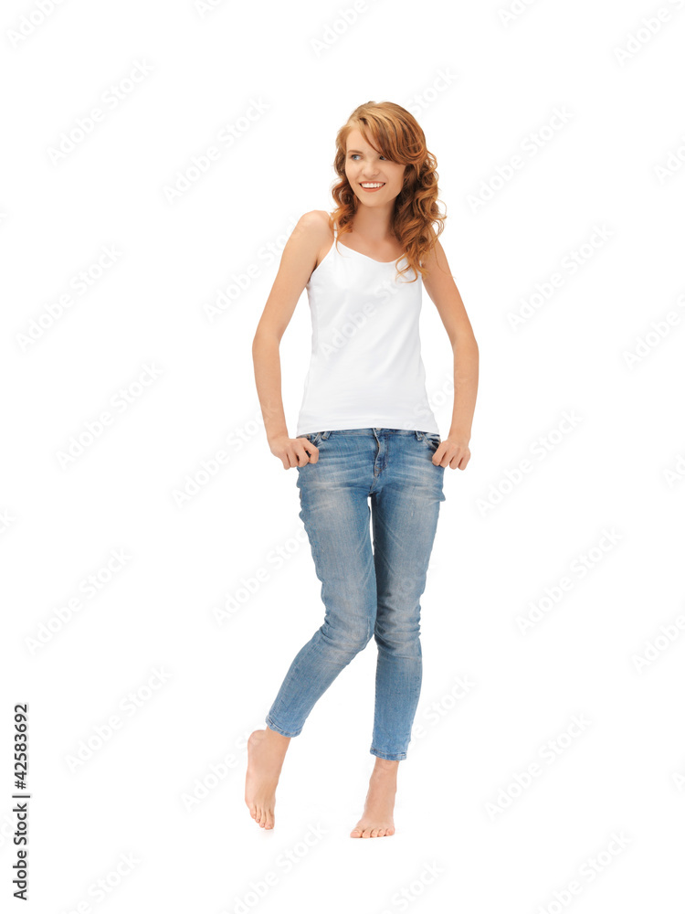 smiling teenage girl in blank white t-shirt smiling teenage girl in blank white t-shirt