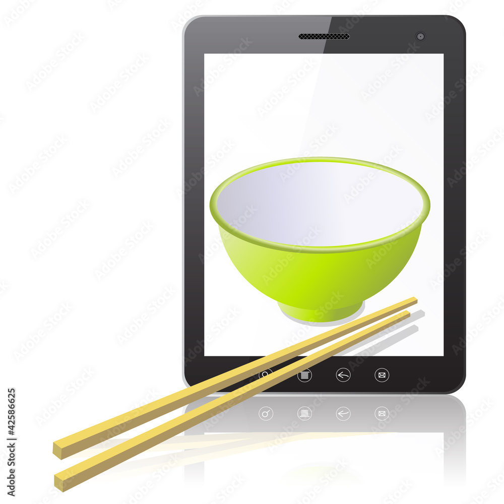 Tablet PC computer with ceramic mug with wooden sticks Tablet PC computer with ceramic mug with wooden sticks