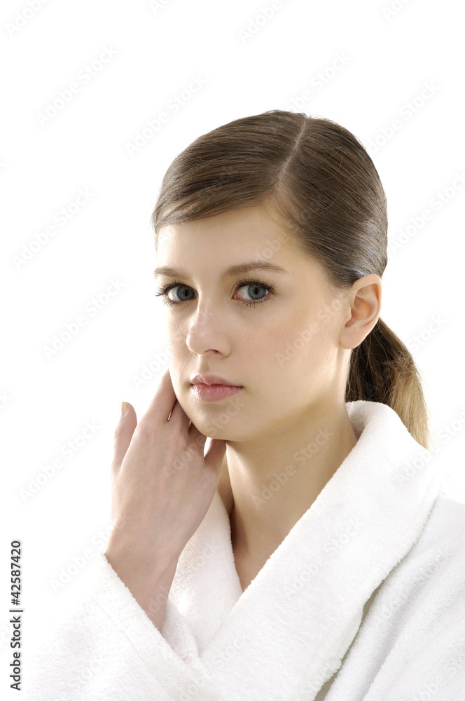 Portrait of young woman wearing bathrobe Portrait of young woman wearing bathrobe
