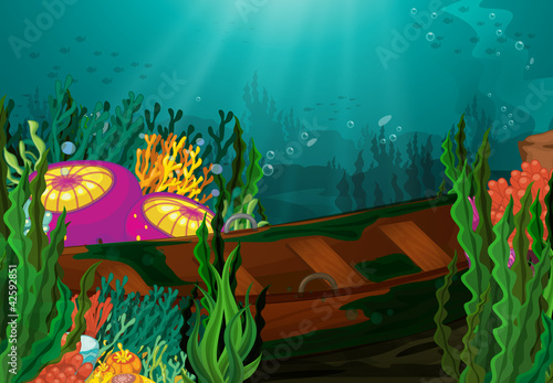 coral and rowboat in deep sea