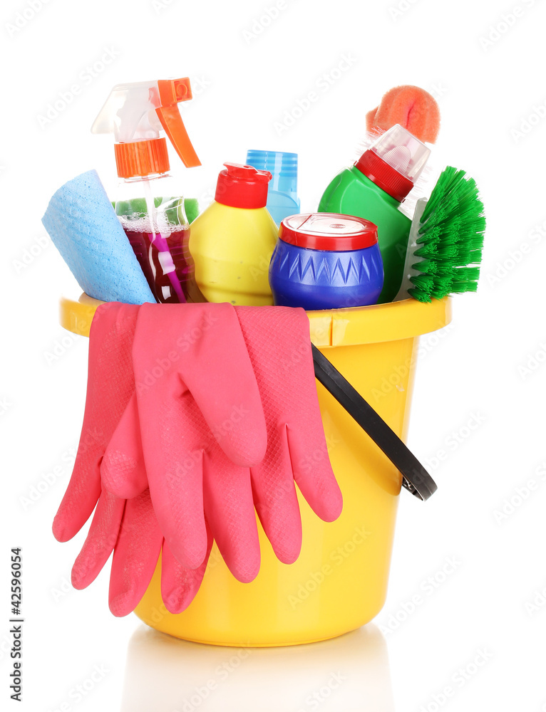 Cleaning items in bucket isolated on white