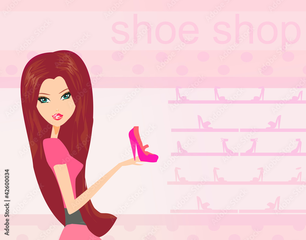 Fashion girl shopping in shoe shop vector illustration Fashion girl shopping in shoe shop vector illustration