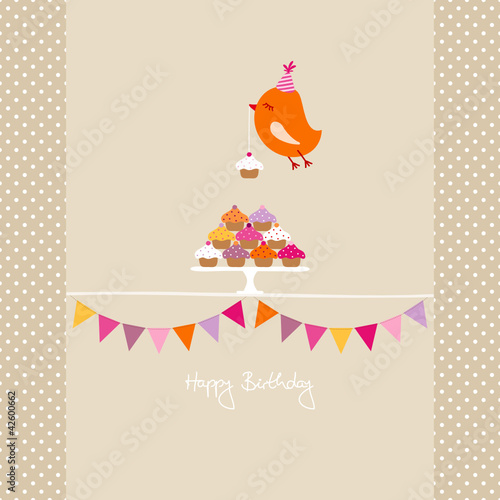 Flying Orange Bird 10 Cupcakes Festoons Beige Dots