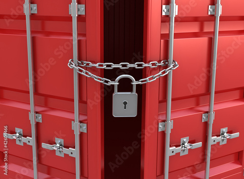 Red freight container is closed on the lock