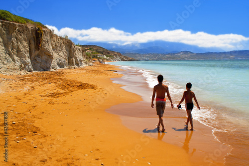 Sandy red beach at Kefalonia island in Greece
