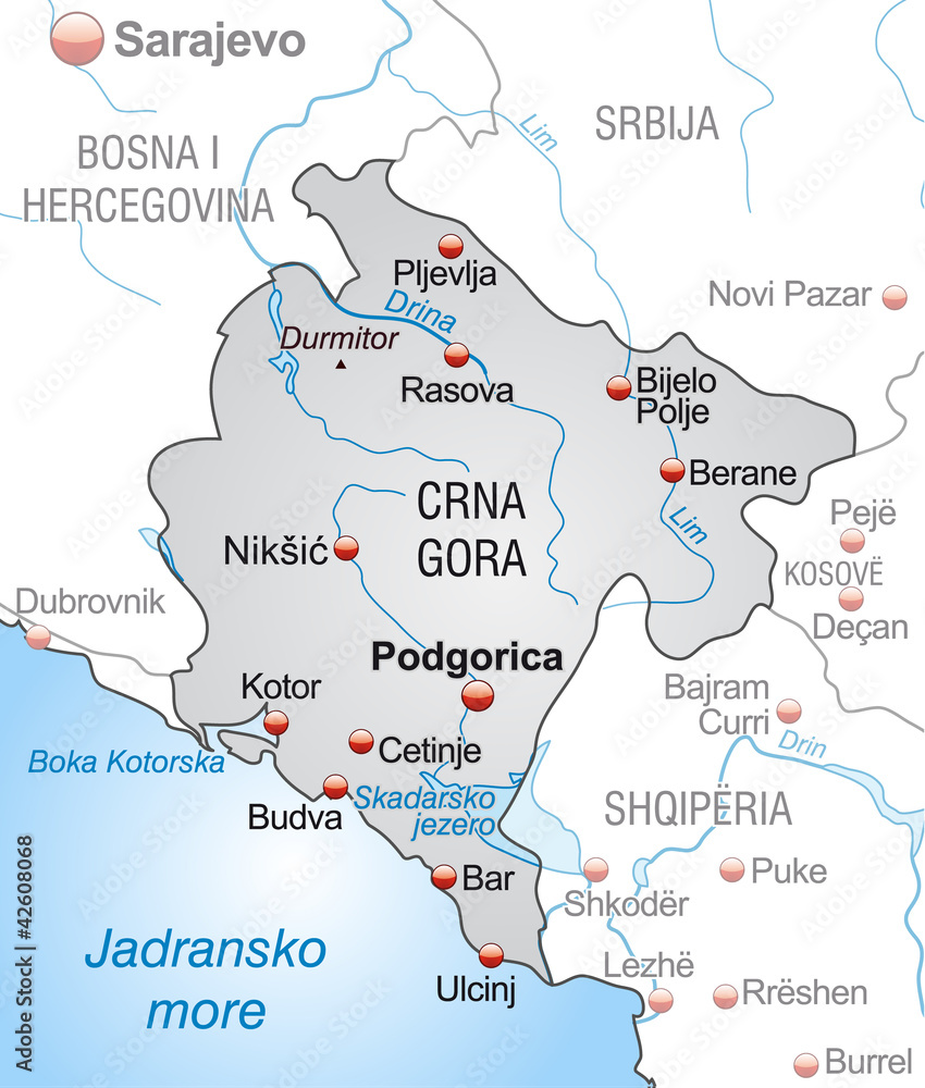 Übersichtskarte von Montenegro mit Umland Übersichtskarte von Montenegro mit Umland