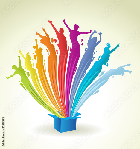 Colorful paint in shape of people splashing out of a blue box
