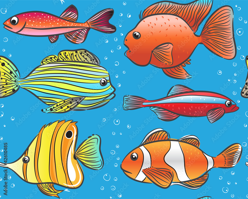 Fototapeta premium Seamless blue pattern with color fishes