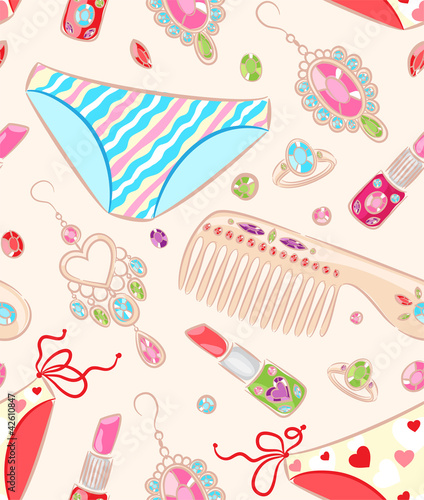 Vector Seamless pattern with women's jewelry and objects of care