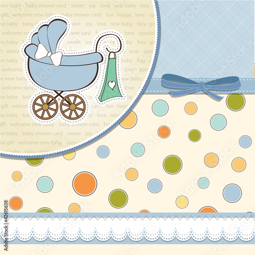 baby boy announcement card with baby and pram