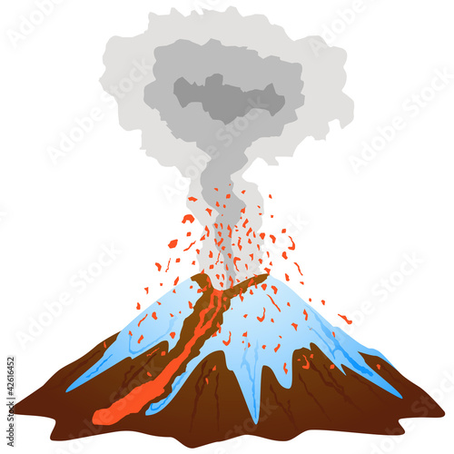 Volcano mountain eruption with lava flow and snow