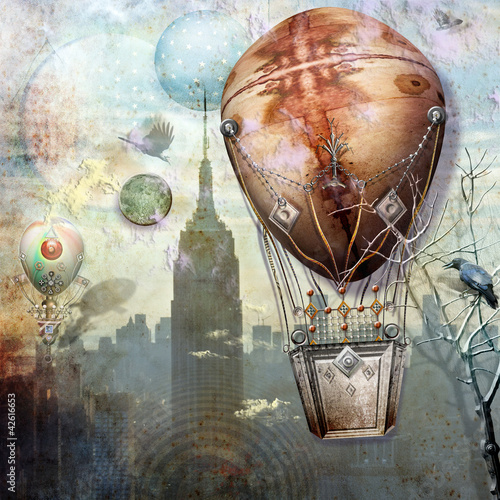 Flight of montgolfier in the city.