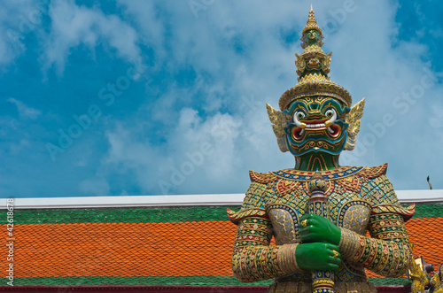 Demon gate guardian at Wat Pra Kaew in bangkok,Public art.Thai