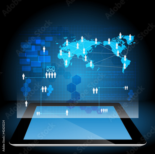 Vector virtual business network process diagram on tablet PC