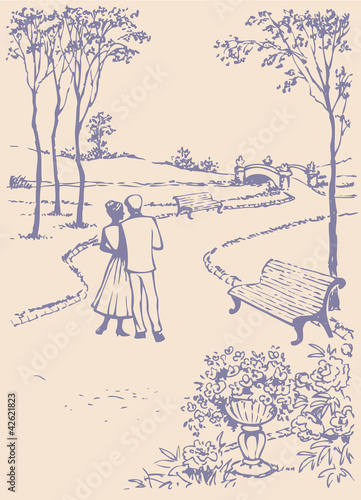 Vector landscape. Couple walking along the alleys of the park