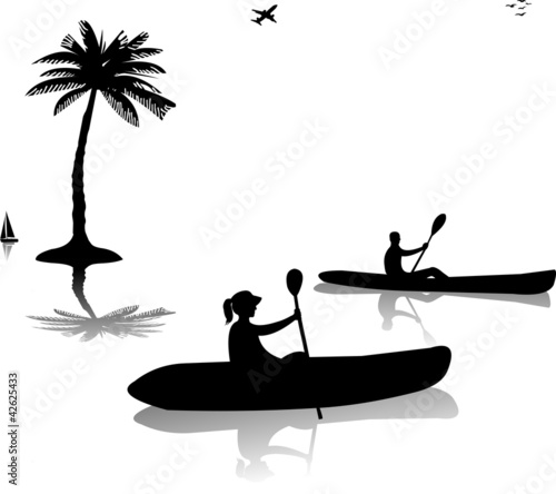Man and woman kayaking near the palm trees silhouette