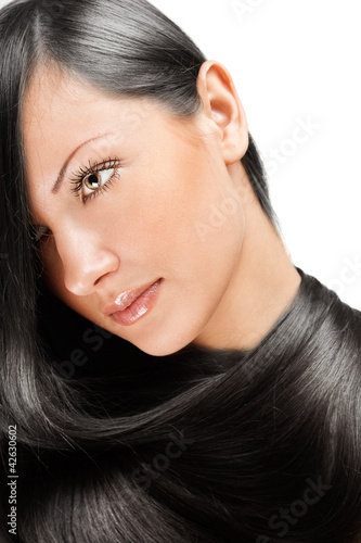 Wallpaper Mural black haired beautiful woman holding her long straight hair Torontodigital.ca