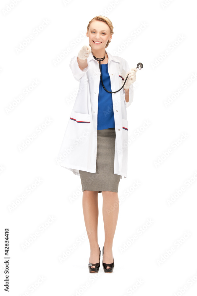attractive female doctor pointing her finger attractive female doctor pointing her finger