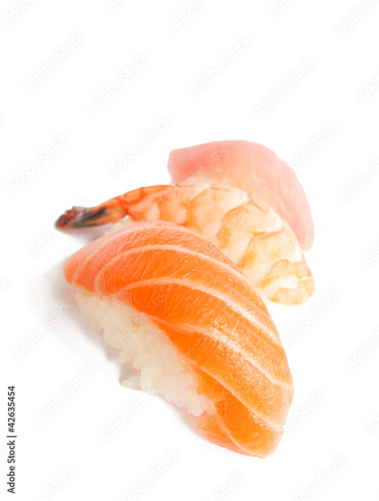 assortment of japanese salmon, tuna and shrimp sushi