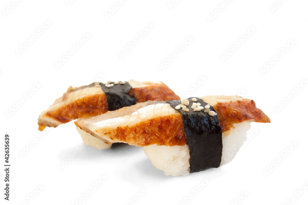 closeup of delicious japanese unagi sushi isolated on white closeup of delicious japanese unagi sushi isolated on white