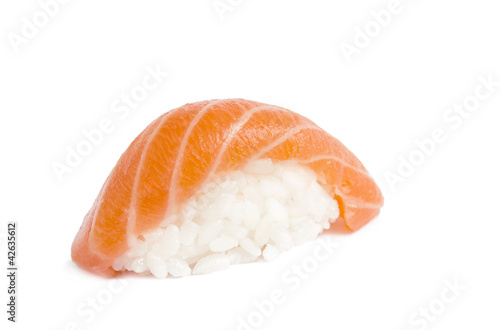 closeup of delicious japanese salmon sushi isolated on white