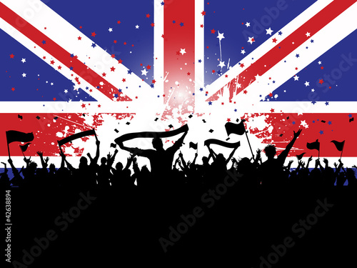 Football crowd with banners and flags on union jack