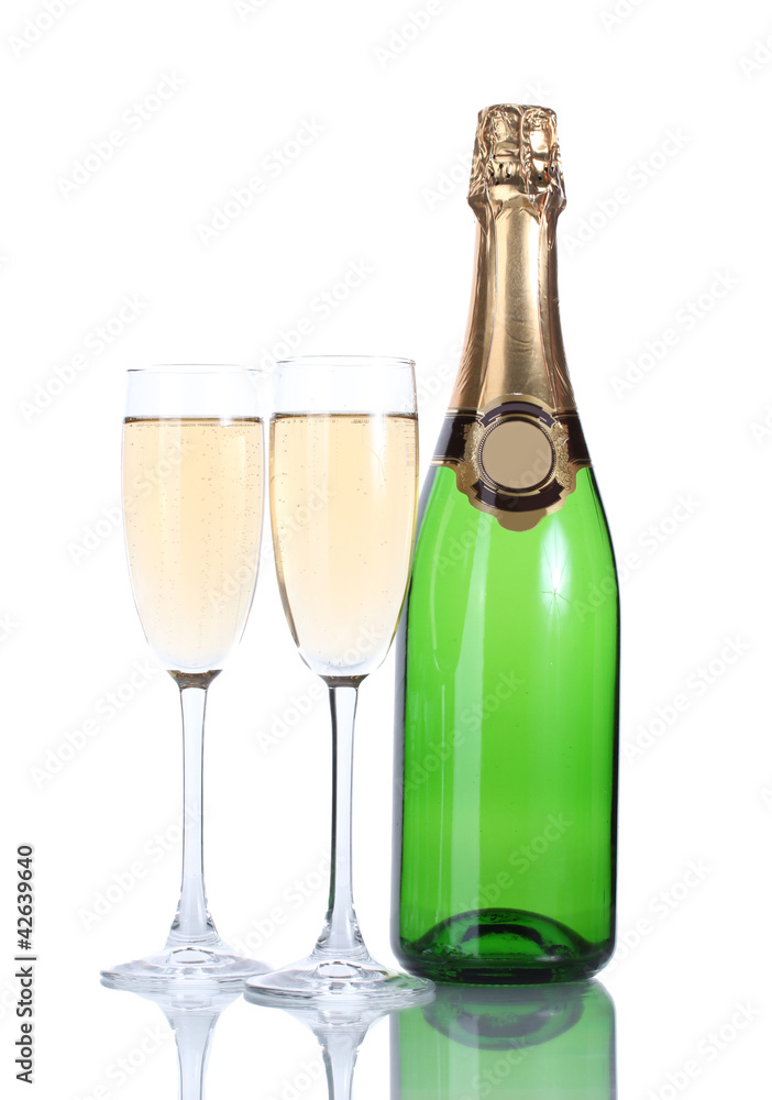 glasses and bottle of champagne isolated on a white