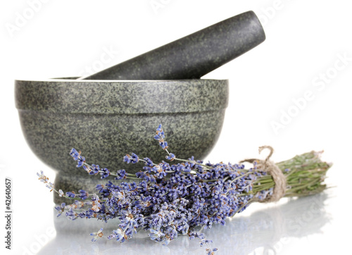Fototapeta Naklejka Na Ścianę i Meble -  Lavender flowers with mortar isolated on white