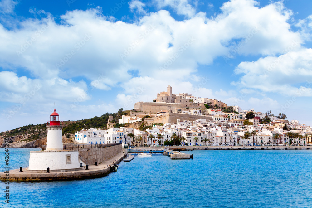Eivissa ibiza town from red lighthouse red beacon - obrazy, fototapety, plakaty 