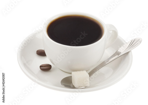 cup of coffee and beans isolated on white