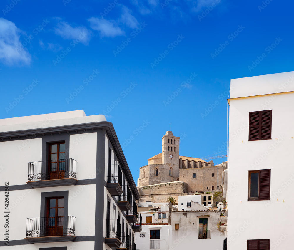 Eivissa Ibiza town with church under blue sky