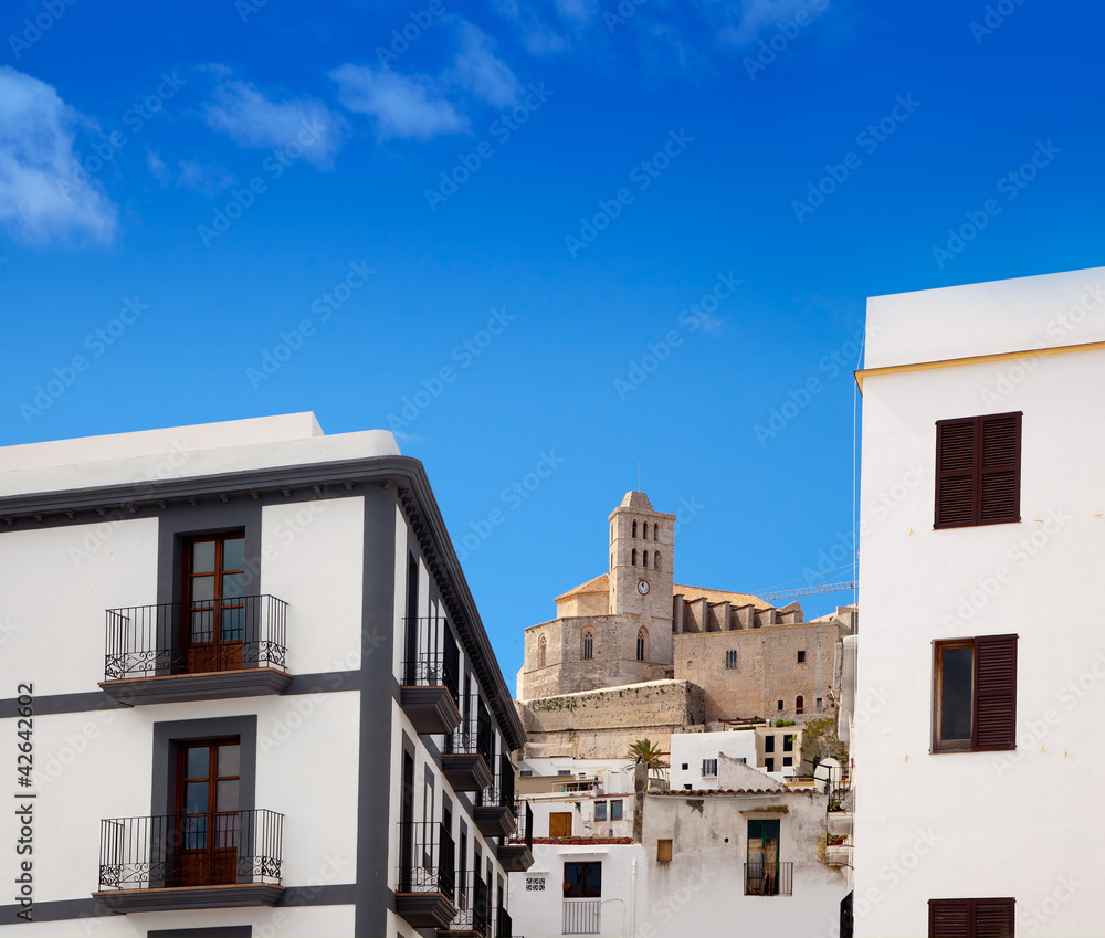 Eivissa Ibiza town with church under blue sky Eivissa Ibiza town with church under blue sky