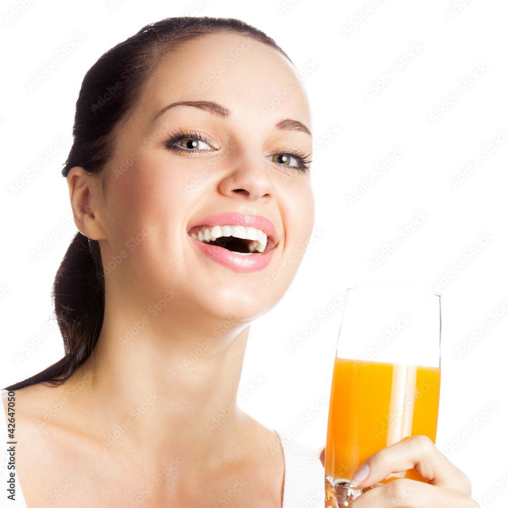 Girl with glass of orange juice, on white Girl with glass of orange juice, on white