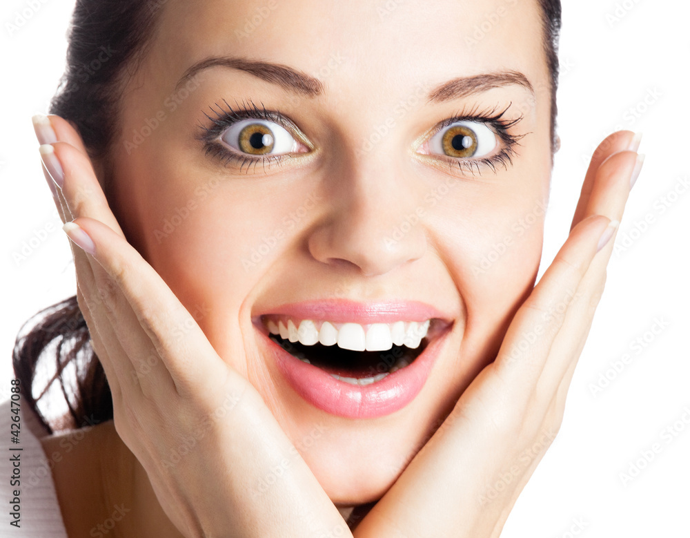 Very happy smiling or laughing woman, on white Very happy smiling or laughing woman, on white