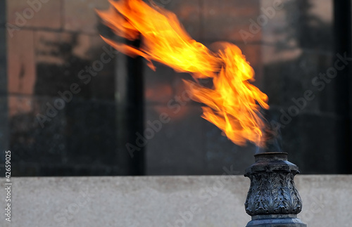 closeup torch flame at mausoleum over blurred background © iancucristi