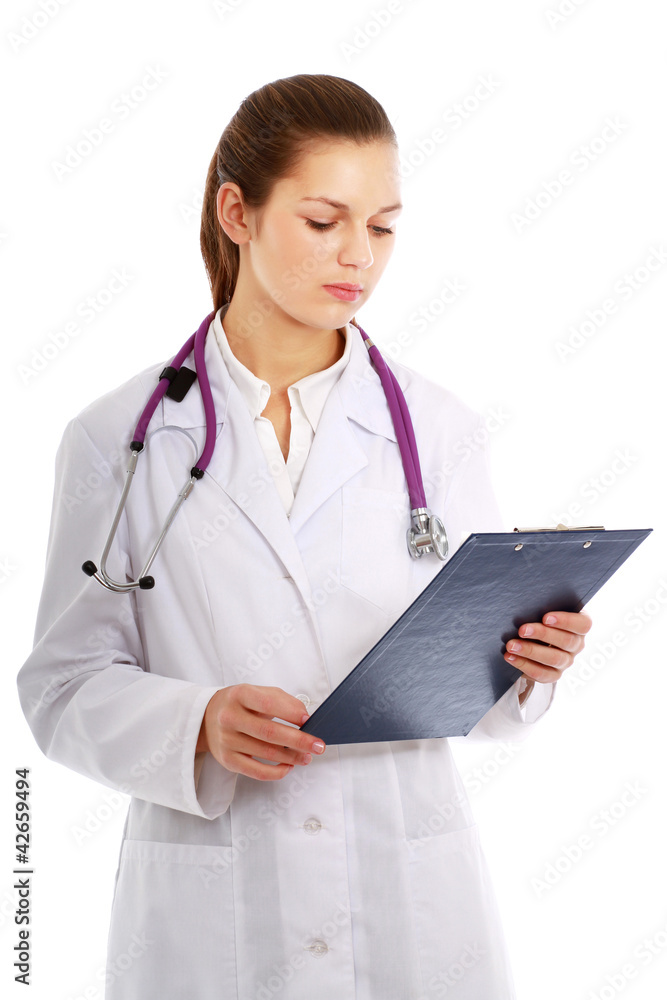 A female doctor with a folder in uniform A female doctor with a folder in uniform