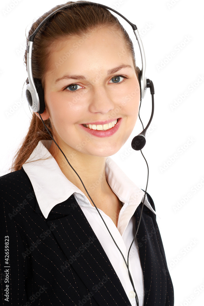 A portrait of a call center employee wearing headset A portrait of a call center employee wearing headset