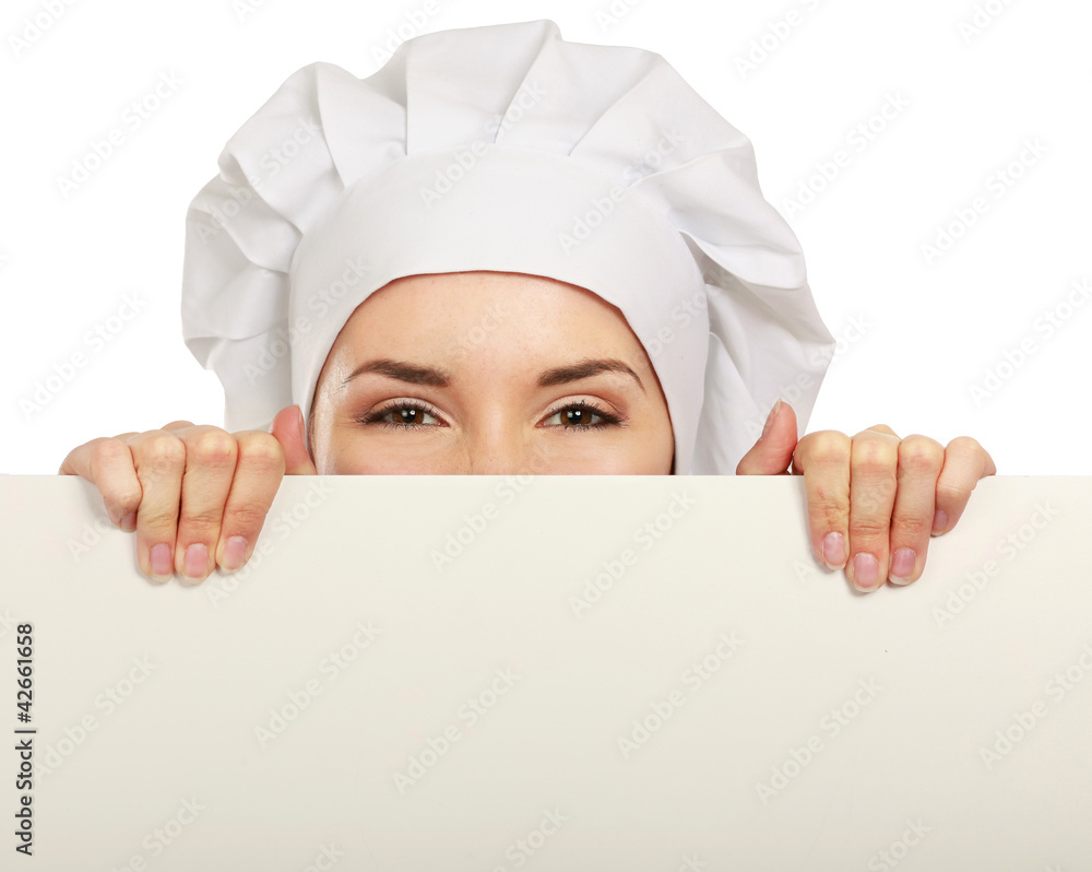 Happy woman cook or baker holding over paper sign billboard. Happy woman cook or baker holding over paper sign billboard.