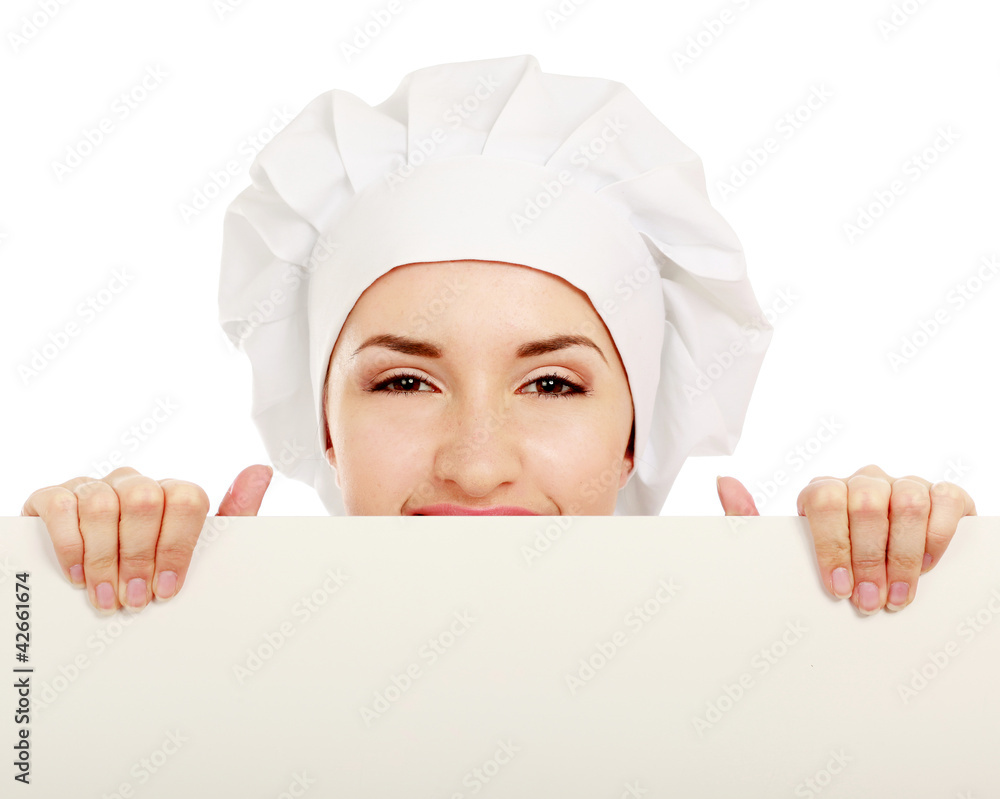 Happy woman cook or baker holding over paper sign billboard. Happy woman cook or baker holding over paper sign billboard.