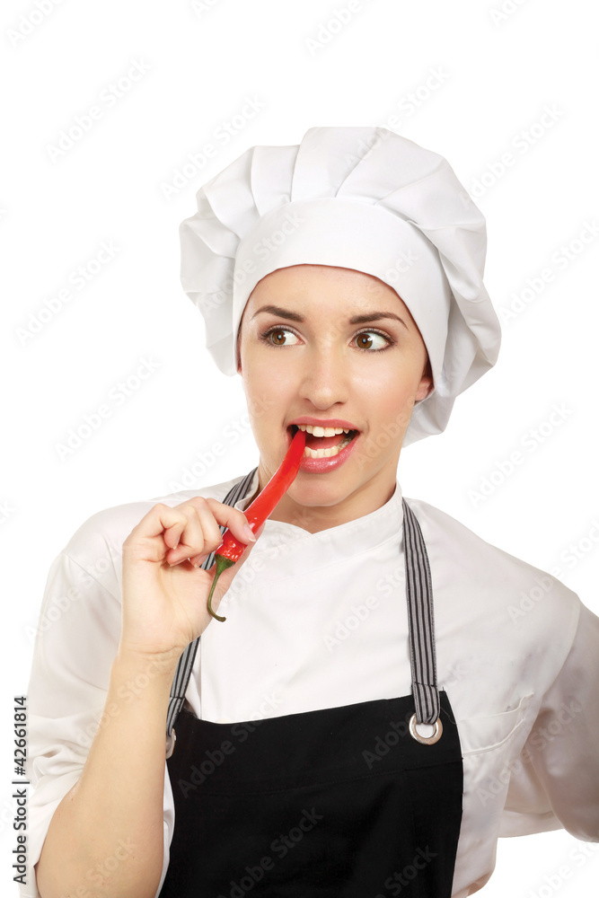 Yound pretty woman cook with peppers, isolate Yound pretty woman cook with peppers, isolate