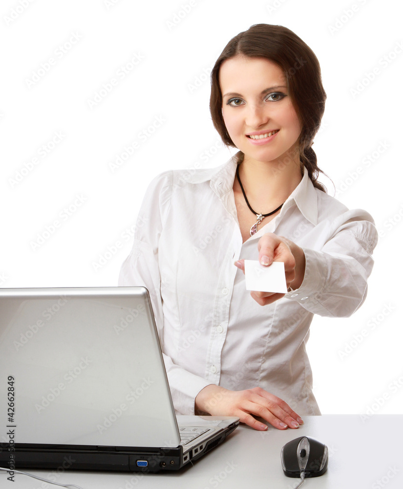 Happy woman sitting on the desk and shopping online Happy woman sitting on the desk and shopping online