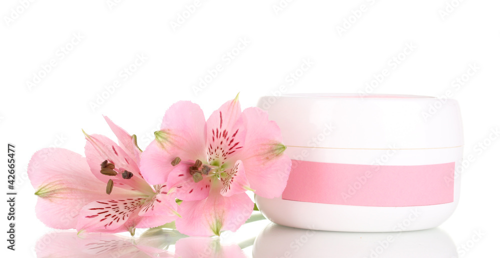 Jars of cream with flower isolated on white Jars of cream with flower isolated on white