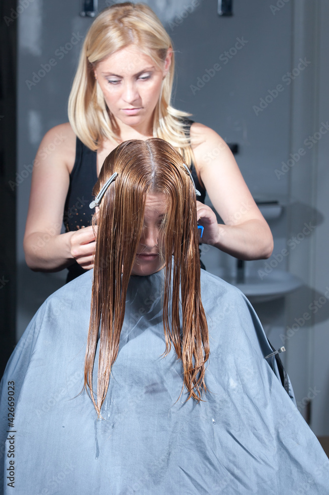 Fototapeta premium hair stylist cutting woman hair in salon